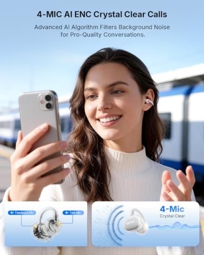 EarFun Clip 2 Open Ear Earbuds, Clip On Headphones, LDAC, Hi-Res Audio, 12mm Titanium Driver, 4 Mics AI Clear Call, AI Translation Earbuds, Secure Fit, 40H Playtime, Bluetooth 6.0 for Running, White - color: White
