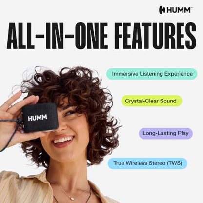 HUMM GLO Compact Waterproof & Dustproof Portable Bluetooth Speaker, Black | Features Ambient LED Lights & Hanging Strap, Stereo Pairing, Up to 18 Hours Playtime, Perfect for Travel, Bike & Beach - color: Black