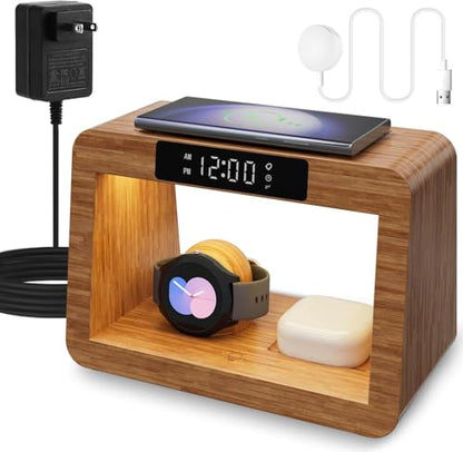 Bamboo Wireless Charging Station, 5 in 1 Charging Station with Light & Alarm Clock for Samsung & Android Phone, Wireless Phone Charger Station Only for Samsung Watch