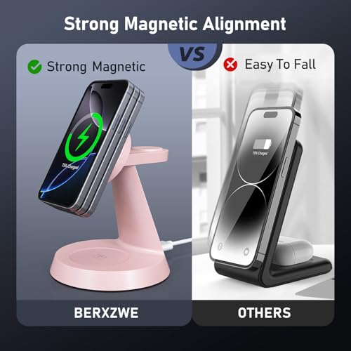Charging Station 3 in 1 Wireless Charger for Apple Devices, 15W MagSafe Stand Compatible with iPhone 17 16 15 14 13 12 Pro Max Plus, Charging Dock for AirPods 4 3 2 & iWatch Series (Pink-1) - color: Pink-1