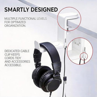 360° Rotating Headphone Hanger, Under Desk Headset Holder, Clamp‑On Headphone Stand for All Over‑Ear Headphones,White - color: White