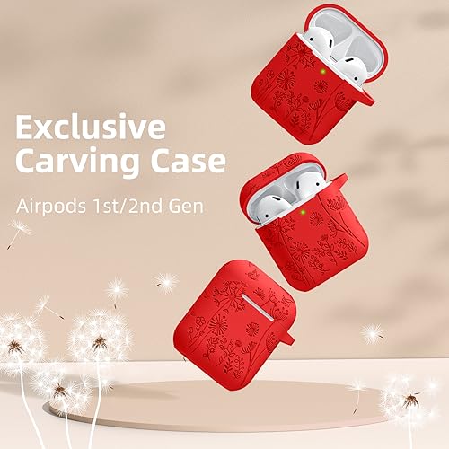 Lerobo for AirPod Case 2nd/1st Generation with Keychain for Women Girl | Flower Engraved Silicone Cover for AirPods 1 Case, Wireless Charging, Shockproof, One-piece Design, Red - color: Red