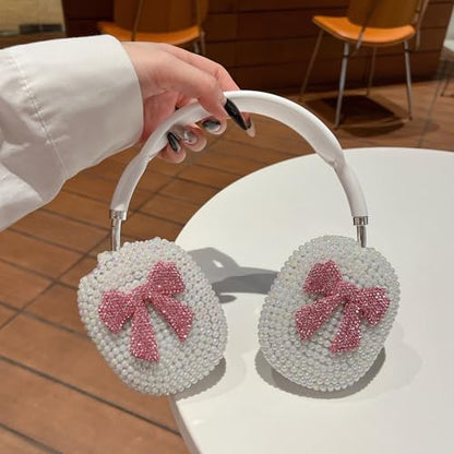 Pearl Bow Case for AirPods Max 2 Cover - Luxurious Rhinestones Glitter Crystal Headphones Case for AirPods Max Ear Cups Cover Protective 3 in 1 Accessories Set with Ear Pad/Headband for Girl - Pink
