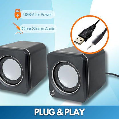 MANHATTAN USB Powered Stereo Speakers, 3.5mm Audio Plug, Volume Control, Bl | USB bus- compact pair with inline level knob, 3 ft lead, 90 Hz-20 kHz response, 166898 - color: Black Silver