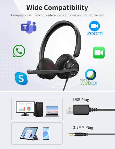Wired Headphones with Microphone for PC, On-Ear Computer Laptop | USB Headset with Noise Cancelling Microphone in-line Control for Home Office Online Class Skype Zoom, (3.5mm + USB)