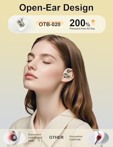 OBT-020 Open Ear Headphones, Bluetooth 5.3 Open Ear Earbuds Stereo Deep Bass, IPX5 Waterproof, 55H Playtime, Lightweight Comfort Wireless Earbuds Fit Sports, Running, Cycling, Workout, White
