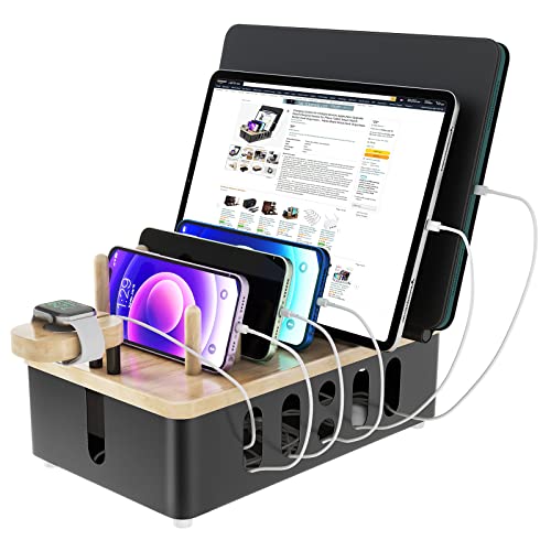 Metal Charging Station for Multiple Devices,New Upgrade Wood Charging Station for Phone Tablet Smart Watch Holder Desk Organizers，Matte Black Dock Device Organizer - color: Black