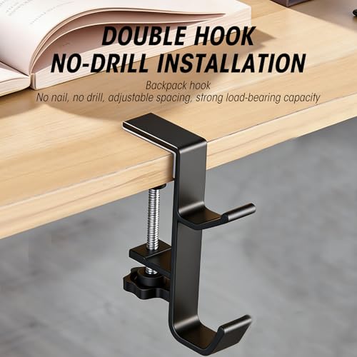 2 Pcs Headphone Holder for Desk, Double Hook Desk Hook, Bag Holder with Clamp for Table Desk Under Counter, Black - color: Black