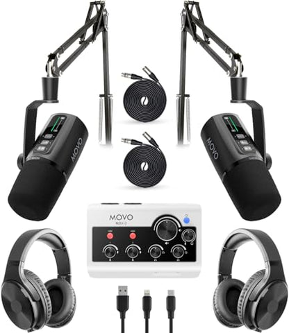 Movo Pro Portable Podcast Equipment Bundle for iPhone/Android Phones- Podcast Kit with Audio Interface, 2 UM6 Dynamic Mics, 2 Headphones, 2 Boom Arms - for Smartphones, Computers, PC, Mac - style: with Boom Arms and Headphones