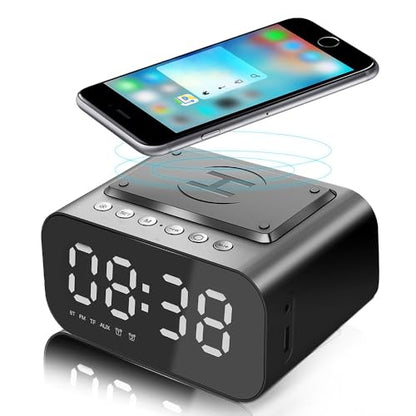 IHAO 7in1 Multifunctional Digital Alarm Clock with 15W Fast Wireless Charger Bluetooth Speaker LED Display Clock FM Radio TF Card, AUX Input, USB Port Dual Alarm for Bedroom and Office-BT510 Black - color: 5in1 Wireless Charger Alarm Clock Bt510 Black