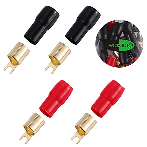 2 Pairs Copper Gold Plated 0 Gauge Spade Terminal Crimp Connectors Adapters Crimp Barrier Spades for Speaker Wire Cable Terminal Plug - 0GA (Red and Black)