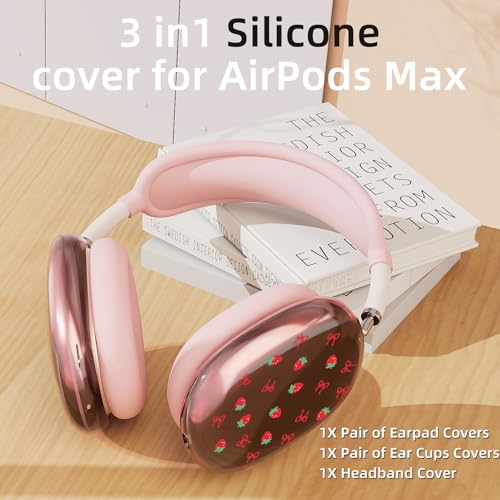 Pink Cherry Strawberry Clear Case for Airpods Max Headphones Cute Fruit Soft TPU Ear Cups Cover Anti-Scratch Silicone Ear Pad Protective Case Lovely Headband Cover for Apple Airpods Max - color: Bow strawberry 06