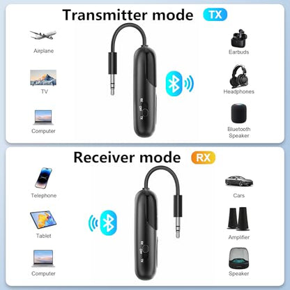 Bluetooth 5.4 Transmitter Receiver,2-in-1 Airplane Bluetooth Adapter | Dual Headphones & 24H Battery Life for TV, Airplane, Car, Tablets, Wireless TV Headpset, Compatible with AirPods & aptX