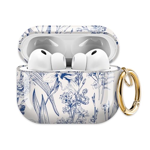 for AirPods Pro 3 Case (2025), Cute Cover Compatible with AirPod Pro 3rd Generation Shell with Rose Gold Keychain Earbuds Case for Women（Blue Flowers and Grass） - color: Blue flowers and grass