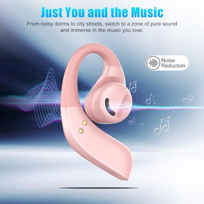 Open Ear Headphones, Wireless Earbuds with Smart Digital Display, Lightweight Design Air Conduction Earbuds with Mic Fit Cycling, Running, Workout (Pink) - color: Pink