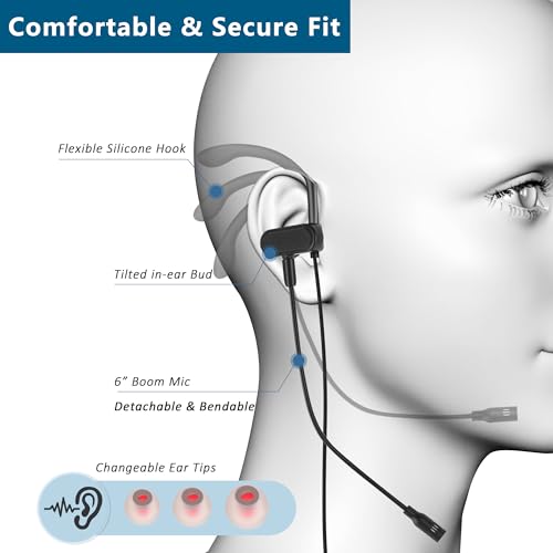 in-Ear Wired Earbuds with Ear Hooks, Gaming Headset & Boom Mic | Detachable Boom Mic, Lightweight & Secure Fit, for 3.5mm Device, Ideal Headphones for Gaming, Call Centers Use