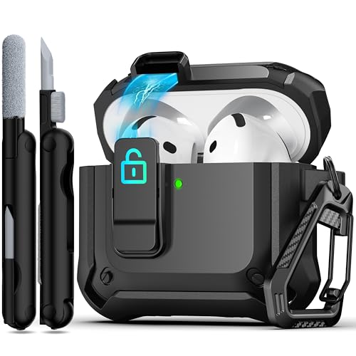 for AirPods 4 Case with Lock Magnetic Lid MagSafe, Black | Compatible with Apple AirPods 4th Generation Protective Case with Cleaner Kit & Carabiner, Powerful Drop Protection - color: DHF-Black, size: Airpods 4th Generation