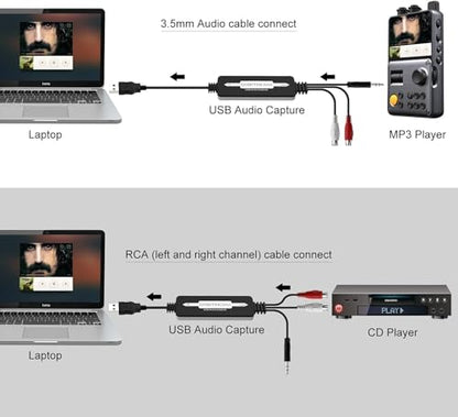 USB 2.0 Audio Capture Card for Vinyl Records, Audio Grabber for Cassette Tapes to Digital MP3 Converter with Stereo RCA/3.5mm Music Interface, Support Mac & Windows 7/8/10/11/XP/Vista