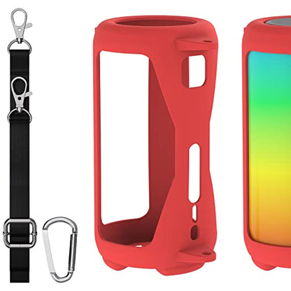 Geekria Silicone Speaker Case Cover Compatible with JBL Pulse 5, Protective Soft Skin, Replacement Bluetooth Speakers Travel Carrying Sleeve with Keychain Hook and Shoulder Strap (Red)