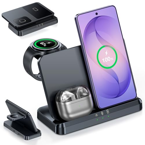 3 in 1 Wireless Charger Station for Galaxy S26 Ultra S25 S24, Foldable | Fast Charging for Z Fold Flip 7/6, Detachable Watch Charger for Galaxy Ultra 8/7/6, Compact & Portable, No Adapter, Black - color: Samsung Black