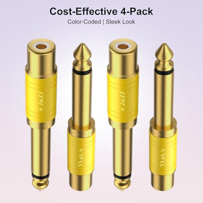 J&D RCA to 1/4 Audio Adapter 4-Pack, 6.35mm Mono Plug Male to RCA Female Connector, Gold-Plated Guitar Connectors, Yellow - color: Yellow