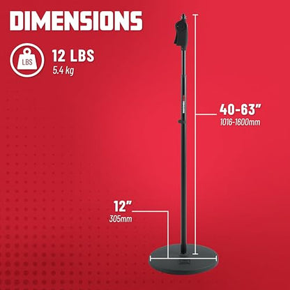 Gator Frameworks 12" Round Base Mic Stand, Height Adjustable (GFW-MIC-1201) | Adjust mic height smoothly with one hand while the weighted base and cable management keep your setup steady and clean. - style: 12" Weighted Base - Deluxe Height Adjust