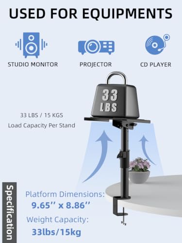 suptek Clamp-on Speaker Stand Desk Mount, Height Adjustment, Swivel, Tilt, 9.6 x 8.8 in Trays, Universal Audio Holders for Bookshelf Speakers, Elevated Sound, Against the Wall, 2 Pack, Black, SDM001KT - color: Black, size: Tilt Speaker Stands Against the