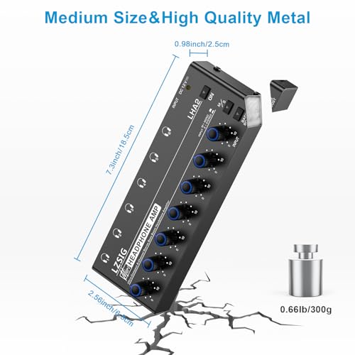 LZSIG Headphone Amplifier with Bass Boost, 6 Channel, 1 IN 6 OUT, DC 12V | Metal Stereo Audio Amplifier, Mini Earphone Splitter with Power Adapter, 1/4" & 1/8" TRS Headphones Output & TRS Audio Input - size: Medium(6-channel)