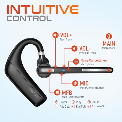 Delton Ultralight Bluetooth Headset with Noise Cancelling Microphone | Bluetooth Earpiece with Charging Case, Auto Pair USB Dongle for PC/Laptop, Compatible with MS Teams, Zoom and More - Black
