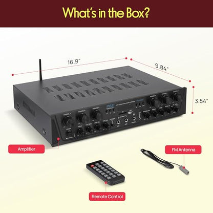 Pyle Wireless Home Audio Amplifier System - Bluetooth Compatible 6 Channel Stereo Receiver, 600W Max Power, Simple Karaoke with Dual Mic Inputs with Tone Control, PA with Talk Over - PTA66BT.6