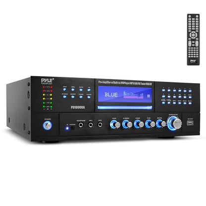 Pyle 4-Channel 1000W Power Amplifier with Bluetooth - Wireless Stereo Home Audio Receiver w/ Front Loading CD DVD Player, FM Radio, USB-A, Headphone, 2 Microphone w/ Echo, LED, Rack Mount - PD1000BA