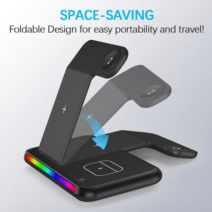 IHAO 3in1 Multifunctional Foldable Wireless Charging Station with LED Ambient Night Light Fast QC3.0 Charger for Phone, iWatch, Headphone Space-Saving Auto-Shutoff & Overcharge Protection-Black - color: 3in1 Wireless Charger K88 Black
