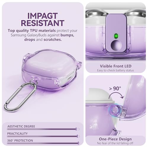 Inesore Case for Samsung Galaxy Buds FE/Buds 2/Pro/Live (Purple) | Safety Lock Design Prevents Loss, Clear Anti-Yellow PC Shell, 3-in-1 Cleaning Tool, Metal Clasp, Silicone Lanyard - color: A1-Purple