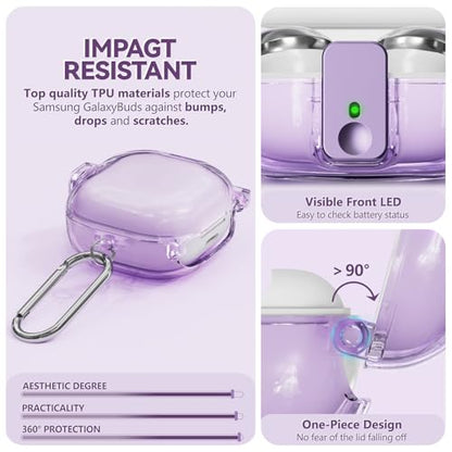 Inesore Case for Samsung Galaxy Buds FE/Buds 2/Pro/Live (Purple) | Safety Lock Design Prevents Loss, Clear Anti-Yellow PC Shell, 3-in-1 Cleaning Tool, Metal Clasp, Silicone Lanyard - color: A1-Purple