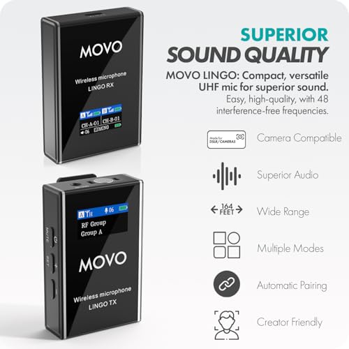 Movo Lingo 48-Channel UHF Wireless Microphone System for Camera - Wireless Camera Mic Compatible with Canon EOS, Nikon, and Sony DSLR Cameras - for Filmmaking, Vlogging, Interviews, Content Creation - style: 1 Transmitter