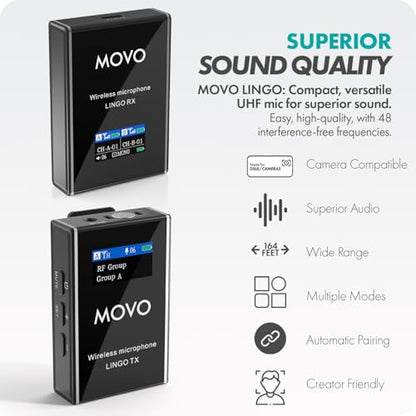 Movo Lingo 48-Channel UHF Wireless Microphone System for Camera - Wireless Camera Mic Compatible with Canon EOS, Nikon, and Sony DSLR Cameras - for Filmmaking, Vlogging, Interviews, Content Creation - style: 1 Transmitter