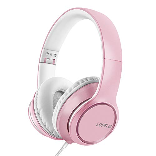 LORELEI X8 Over-Ear Wired Headphones with Microphone with 1.45m-Tangle-Free Nylon Line&3.5mm Plug,Lightweight Foldable & Portable Headphones for Smartphone,Tablet,Computer,Mp3/4（Pearl Pink） - color: Pearl Pink