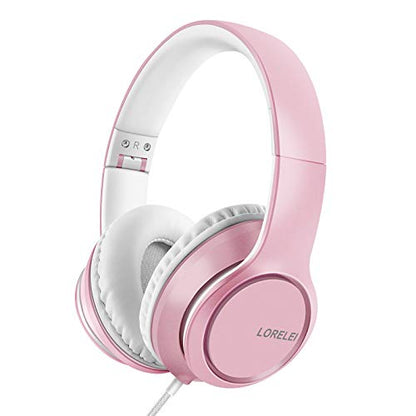 LORELEI X8 Over-Ear Wired Headphones with Microphone with 1.45m-Tangle-Free Nylon Line&3.5mm Plug,Lightweight Foldable & Portable Headphones for Smartphone,Tablet,Computer,Mp3/4（Pearl Pink） - color: Pearl Pink