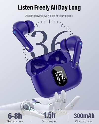 Wireless Earbuds, Bluetooth 5.4 Headphones Bass Stereo/Clear Call,Dark Blue | Ear Buds with Noise Cancelling Mic LED Display in Ear Earphones IP7 Waterproof 36H Bluetooth Earbuds for Phones/Sport/Laptop - color: Dark Blue