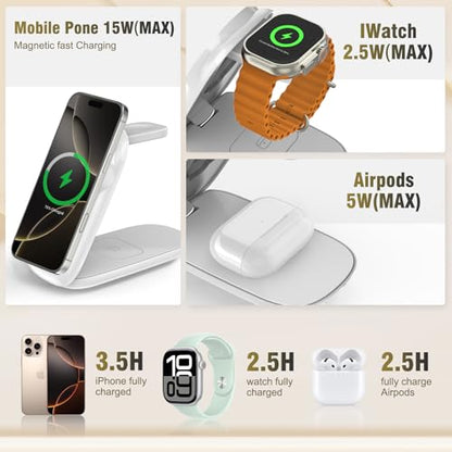 Foldable Wireless Charger, Fast Max Charging for iPhone 16/15/14/13/12 Pro Max, 3 in 1 Charging Station for Apple Watch 10－3 & AirPods Pro/4/3（White - color: white