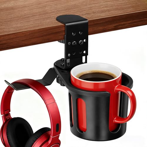 Desk Cup Holder Clamp 2 in 1 Clip On Table Cup Holder with Headphone Hanger | Rotatable Anti-Spill Water Bottle Stand Drink Coffee Mug Storage, Office Accessories for Home and School - color: Black-1 with Headphone Hanger