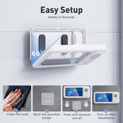 Shower Phone Holder with Wireless Bluetooth Speaker, 2026 Upgraded Waterproof/Fog-Resistant for Any Phone, Shower Phone Holder Waterproof Wall Mounted PhoneHolder for Bathroom Mirror (1, White)