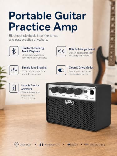 EROK BA-10E Mini Electric Guitar Amp, 10W Portable Practice Amplifier | Bluetooth 5.1, Clean/Drive modes, headphone/AUX input, 3000mAh battery for home and portable practice