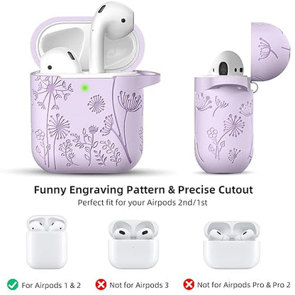 Lerobo for AirPod Case 2nd/1st Generation with Keychain | Flower Engraved Soft Silicone Shockproof Cover for AirPods 2 Case, Wireless Charging, Led Visible, One-piece Design, Lavender - color: Lavender