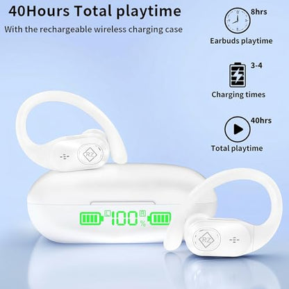 Wireless Earbuds with Ear Hooks 96H Playtime for iPhone Android | LED Display Deep Bass Stereo Sound Built in Mic Sweat Resistant Design Low Latency Mode for Sports Gaming - color: White