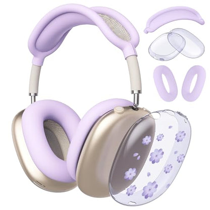 Purple Cherry Flowers Clear Case for Airpods Max Headphones Lovely Floral Soft TPU Ear Cups Cover Anti-Scratch Silicone Ear Pad Protective Case 53 Headband Cover for Apple Airpods Max - color: Purple cherry 11