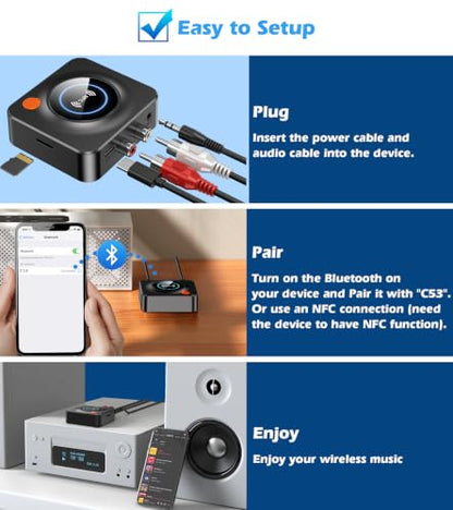 Bluetooth Receiver for Home Stereo, AUX RCA to Bluetooth Adapter | NFC Bluetooth Audio Receiver for Old Speakers Music Streaming Sound System, KAIY Convert Wired Speakers to Wireless