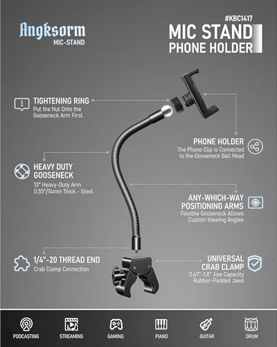 KBC1417 Phone Holder for Mic Stand, 9-Inch Gooseneck, Super Clamp | Mic Stand Phone Mount, Music Stand Phone Holder, Super Clamp Mount, 9-Inch Gooseneck, 0.47-1.8 Inch Pole Clamp - size: 9" with Clamp