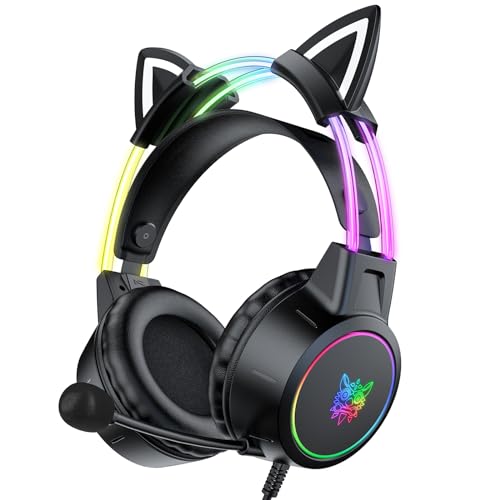 Lightweight Gaming Headset, RGB Lighting, Wired Over Ear Headphones with Mic for PC Laptop PS4 PS5 Switch, Stereo Surround Sound, Self-Adjusting Headband, Black Cat Ear - color: Black Cat Ear