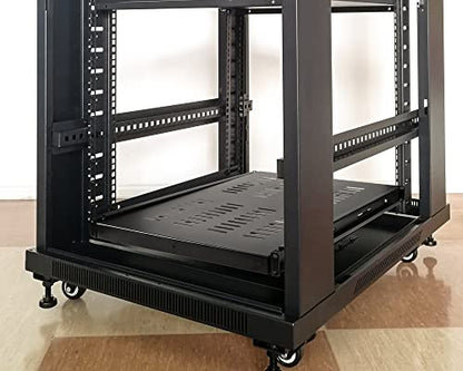 1U Adjustable Rack Mount Shelf Vented Server Rack Drawer 175 lbs 27.5 to 38 Inch Adjustable Mounting Depth Blanking Panel Kit Universal Tray for 19 Inch AV/Network Equipment, Black(1 Piece)